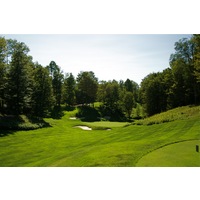 The eighth hole on the Threetops golf course at Treetops Resort plays gently downhill and is 140 yards from the championship tees.