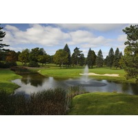 The final hole on the Fountains Course at Garland Lodge and Resort features a view of the course's trademark fountain. 